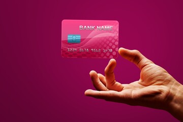 A female hand hold mockup Bank credit card with online service