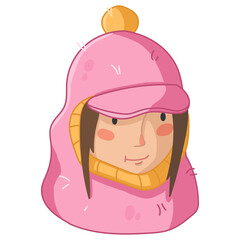Cute cartoon girl character in pink and yellow knitted balaclava hat