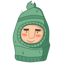 Cute cartoon man character in green tweed knitted balaclava hat