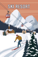 Mountain skier vintage winter resort village Alps, Switzerland. Snow landscape peaks, slopes with red gondola lift, with wooden old fashioned skis and poles. Travel retro poster