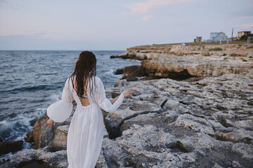 Woman in white dress nature travel stones nature