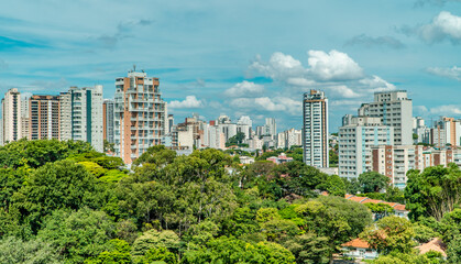Panorama view of modern highrises and trees in central Sao Paulo, Brazil