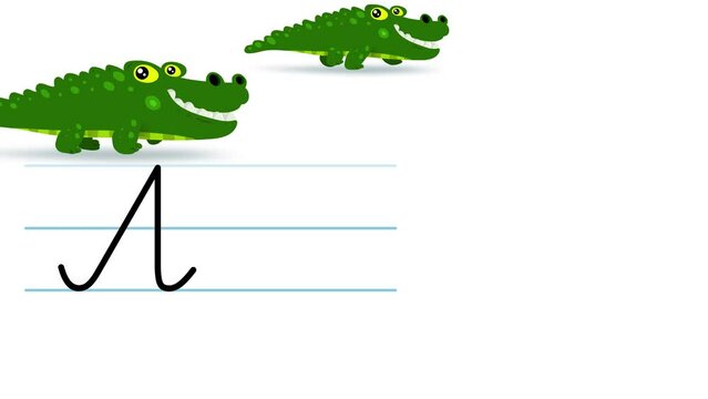 A letter writing like alligator cartoon animation. A compatibile part of the alphabet serie. Handwriting educational style for children. Good for education movies, presentation, learning alphabet, etc