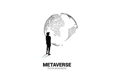 Silhouette businessman with 3D world map. Concept of digital virtual reality technology and AR .