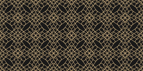 Vector abstract geometric seamless pattern. Golden lines texture, elegant floral lattice, mesh, weave. Arabic style luxury background. Gold and black ornament, repeat tiles. Modern linear geo design