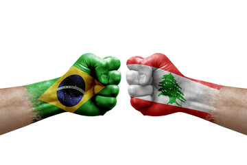Two hands punch to each others on white background. Country flags painted fists, conflict crisis...