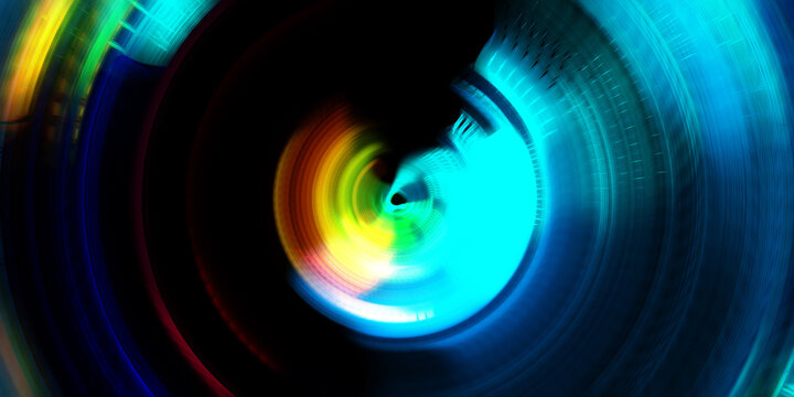 Photography camera concept. Abstract Background. Spinning rays of light. Motion conceptual wallpaper. Graphic digital illustration. Glowing neon rotating lights. Glossy presentation design template.