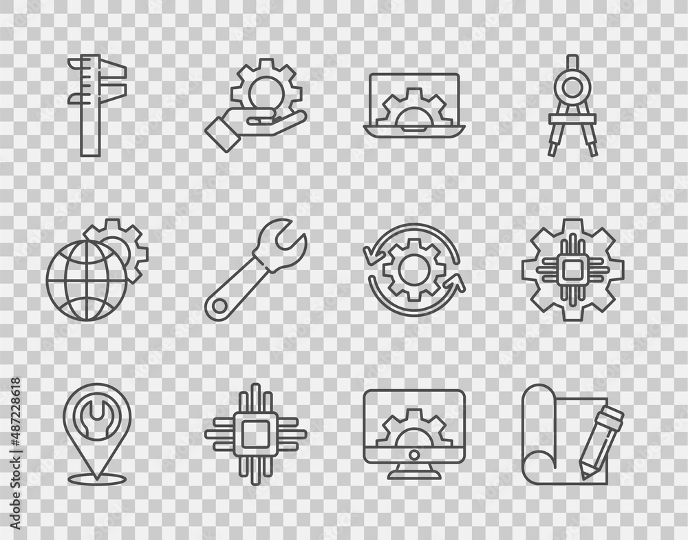 Poster set line location with wrench spanner, graphing paper and pencil, laptop gear, processor microcircui