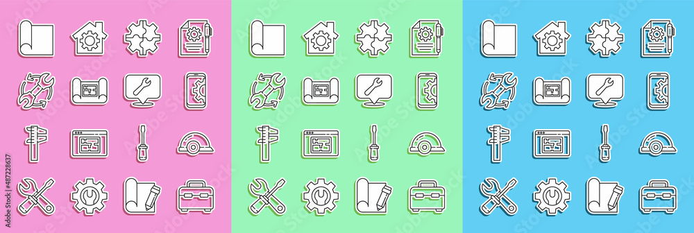 Poster set line toolbox, worker safety helmet, setting on smartphone, gear, house plan, wrench and arrows a
