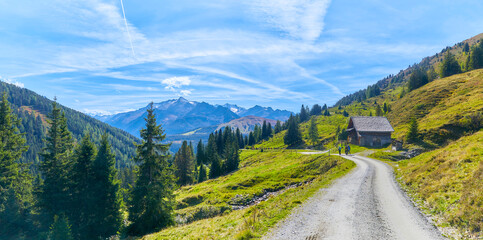 Schönes Bergpanorama mit einer Wandergruppe, im Salzburger Land, oberhalb von Wald im Pinzgau,  Österreich.