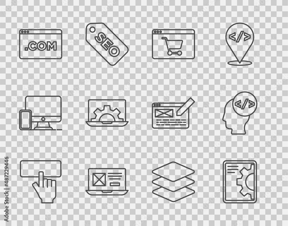 Poster set line keyboard, web development, online shopping on screen, ui or ux design, layers and front end