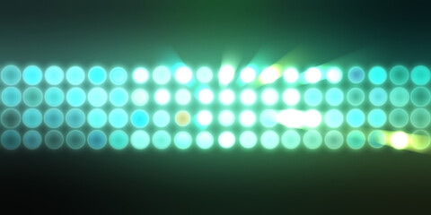 Glowing pattern wallpaper. Glamour background of colorful lights with spotlights. Shining lights party leds on black background. Digital illustration of stage or stadium spotlights.