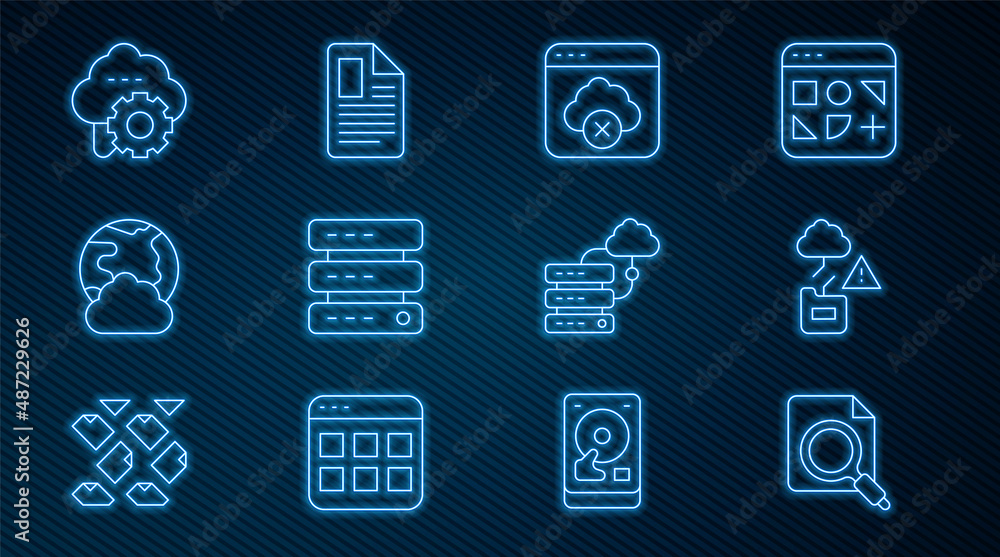 Poster set line search concept with folder, cloud technology data transfer, failed access cloud storage, se