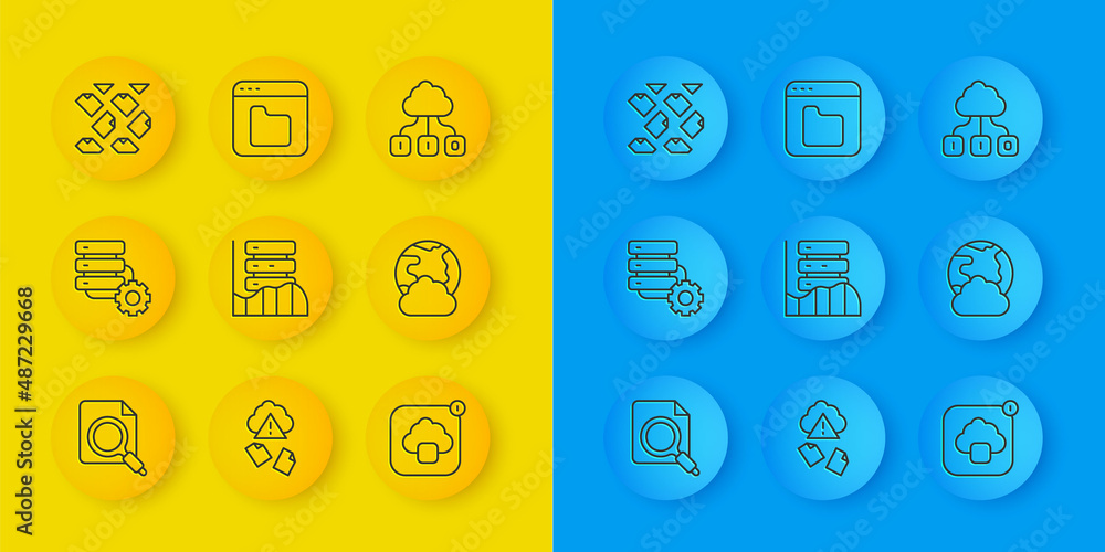 Poster set line search concept with folder, server and gear, server, data, web hosting, cloud technology da