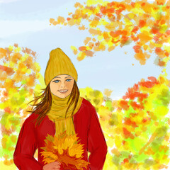 Girl holding autumn leaves in park. She smiles. Autumn forest, yellow trees, leaves.