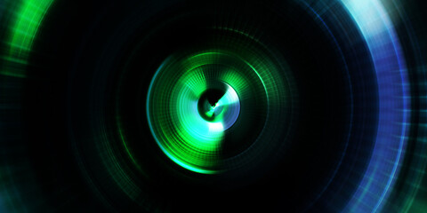 Glowing neon rotating lights. Glossy presentation design template. Photography camera concept. Abstract Background. Spinning rays of light. Motion conceptual wallpaper. Graphic digital illustration.