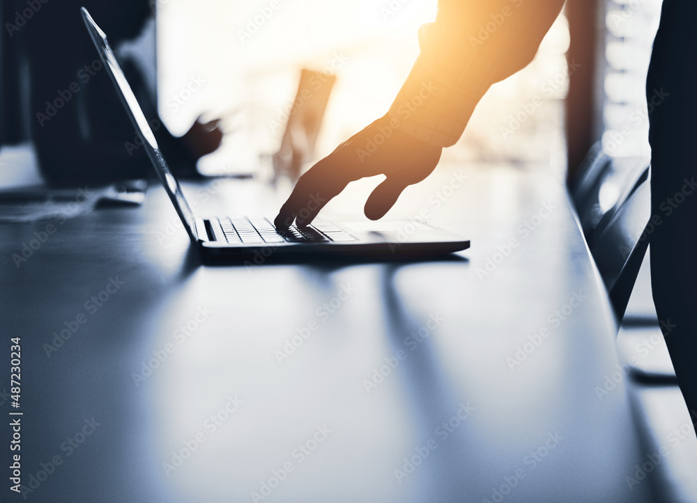 Poster Success requires the use of smart resources. Silhouetted shot of an unrecognizable businessman using a laptop in an office.