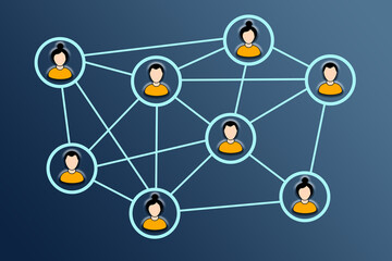 Teamwork. Team members interconnected in a network, sharing information and knowledge,