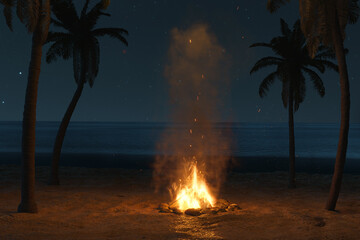3d rendering of bright bonfire with sparks and particles in front of starry sky and palm trees at sand beach