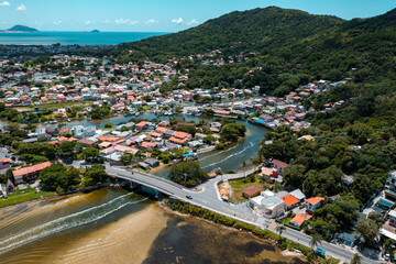 Fototapeta na wymiar aerial photo with drone of Barra da Lagoa in the afternoon in florianópolis Santa Catarina Brazil