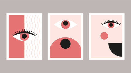 Set of posters in vintage minimal style. Vector illustrations with geometric shapes and eye signs