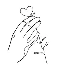 Continuous line Hand holds Flower Heart. Single line modern minimalistic style. Sketch for Valentine's Day, Romantic collection, print, wedding, invitation, etc. Vector illustration.