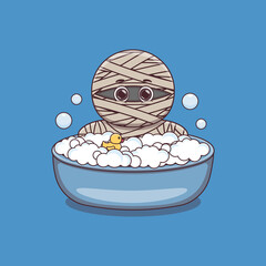 cute mummy taking bath with duck toy and bubbles