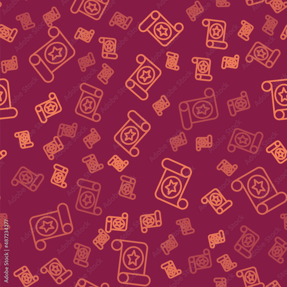 Poster brown line magic scroll icon isolated seamless pattern on red background. decree, paper, parchment, 