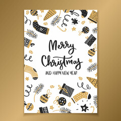 Christmas greeting card with gift boxes, socks, ribbons, fir branches and festive balls in black and gold style