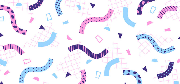 Background in the style of the 80s with pink and blue geometric shapes on the white background. Illustration for hipsters Memphis style