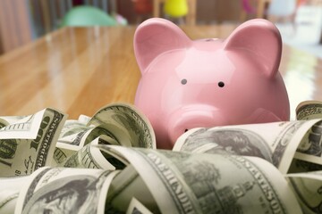 Money and pink piggy bank, Business and Save money