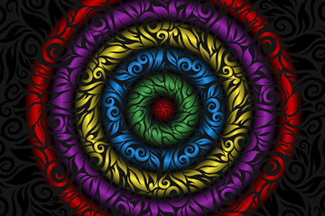 seamless colourful caleidoscope gradient flower art pattern of indonesian traditional tenun batik ethnic dayak ornament for wallpaper ads background sticker or clothing