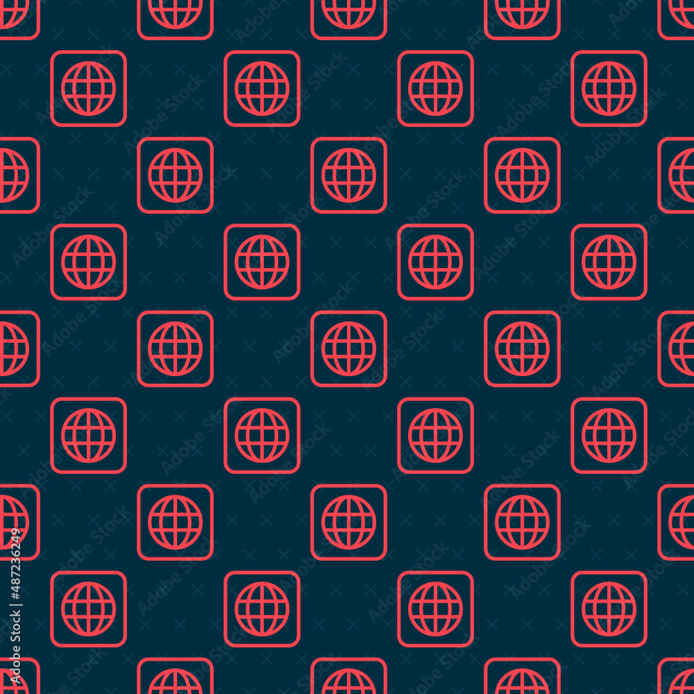 Poster red line worldwide icon isolated seamless pattern on black background. pin on globe. vector
