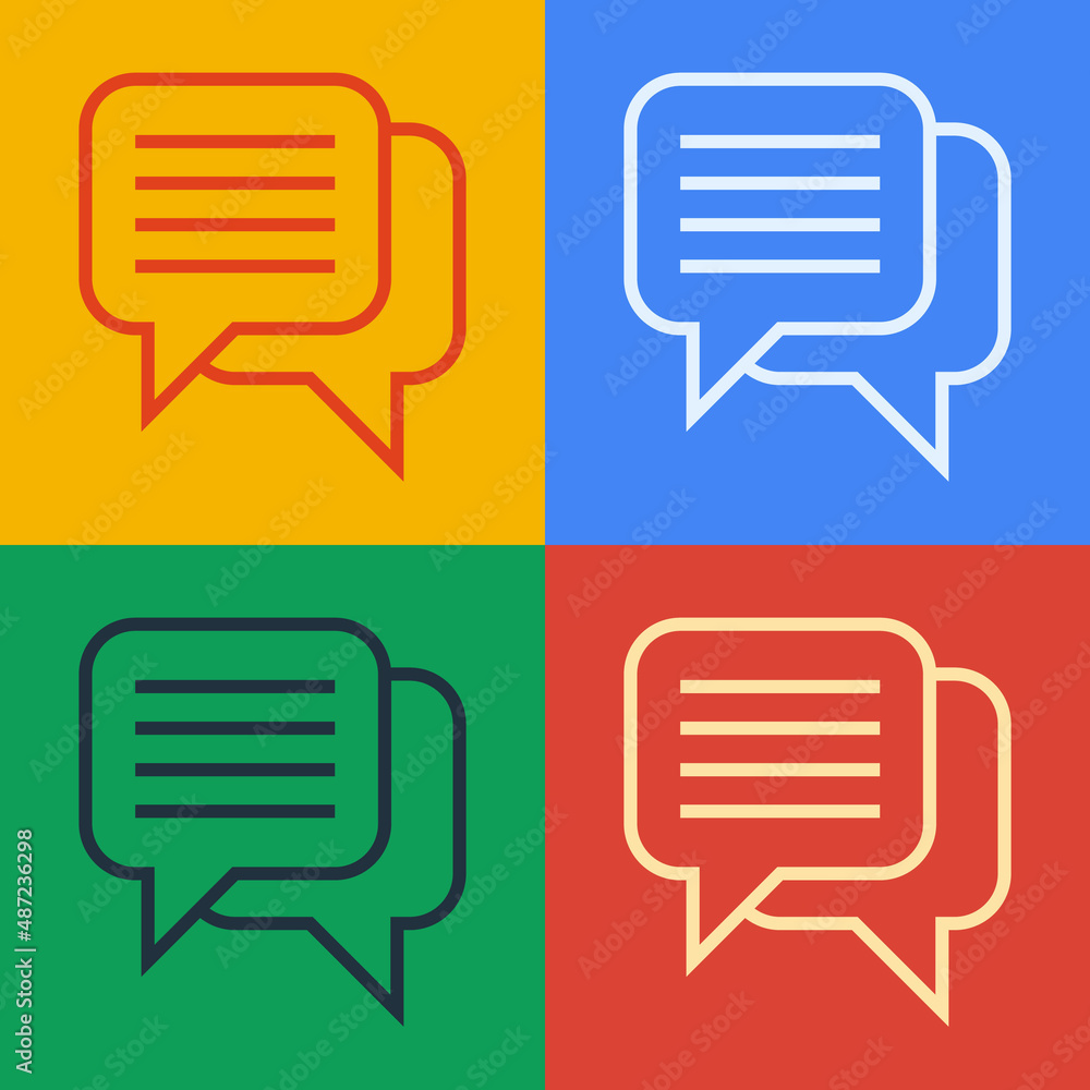 Poster pop art line speech bubble chat icon isolated on color background. message icon. communication or co