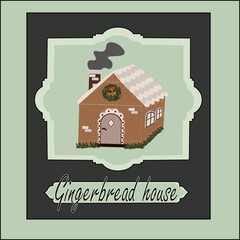 Postcard in light green color with a gingerbread house llustration