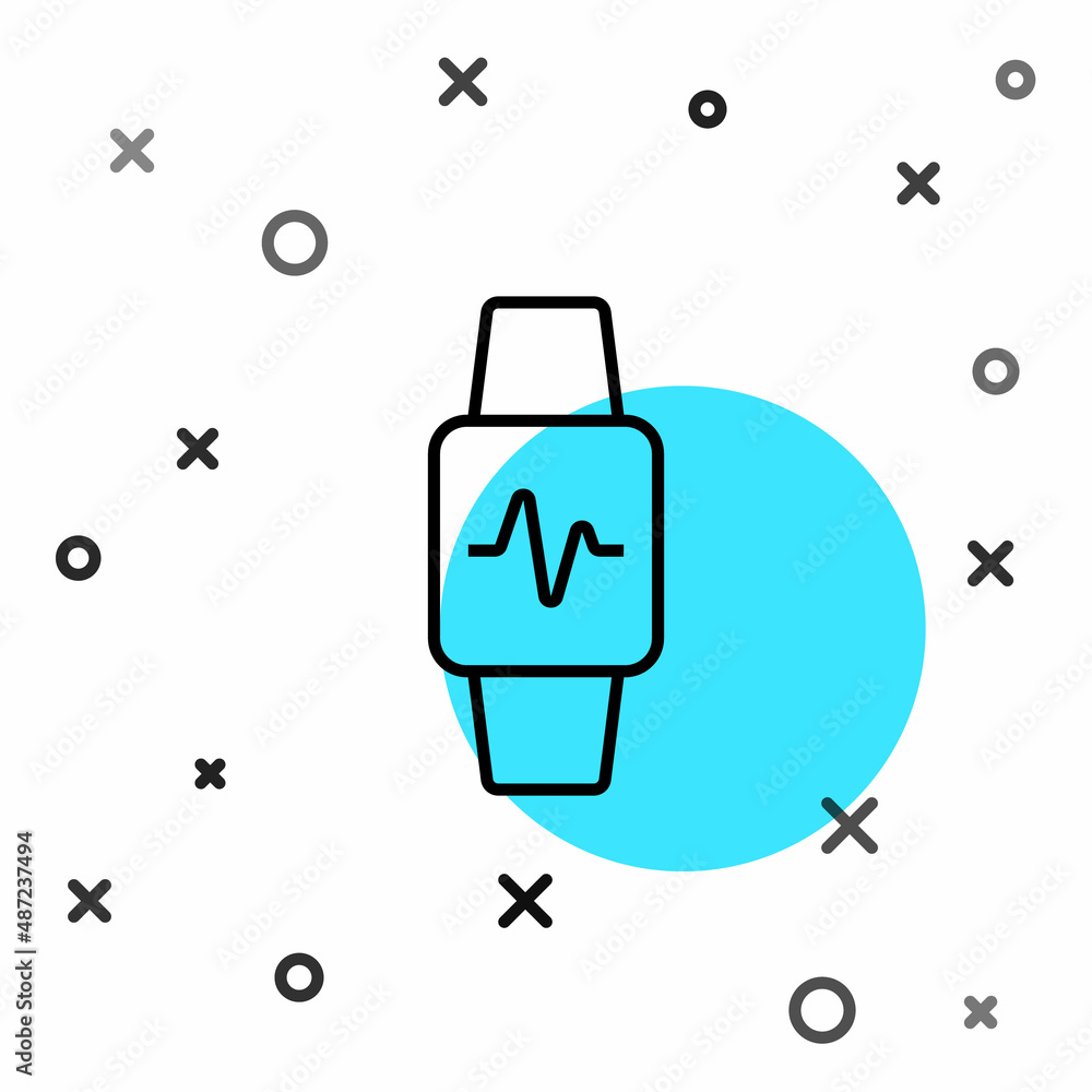 Poster black line smart watch showing heart beat rate icon isolated on white background. fitness app concep