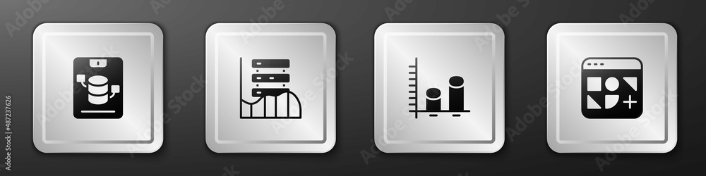 Poster set server, data, web hosting, , analysis and different files icon. silver square button. vector