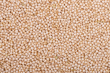 White quinoa seeds background. Pile of raw kinwa. Top view.