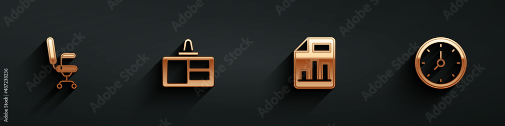 Poster set office chair, identification badge, document with graph chart and clock icon with long shadow. v