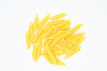 Raw penne rigate pasta, isolated on a white background
