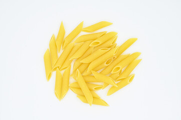 Raw penne rigate pasta, isolated on a white background
