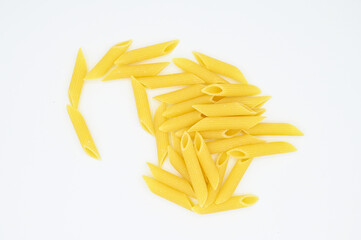 Raw penne rigate pasta, isolated on a white background
