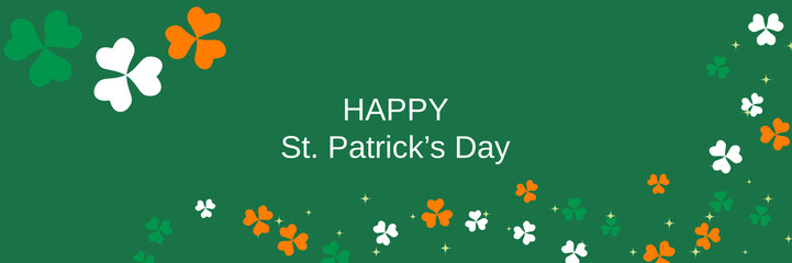 St.Patrick's Day vector banner template. Green background with colorful clover leaves
