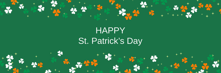 St.Patrick's Day vector banner template. Green background with colorful clover leaves
