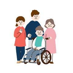 車椅子に座った高齢男性と家族