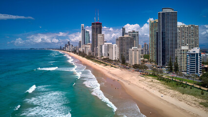 Aerial of High Rise Buildings and Surf at Surfers Paradise in Queensland