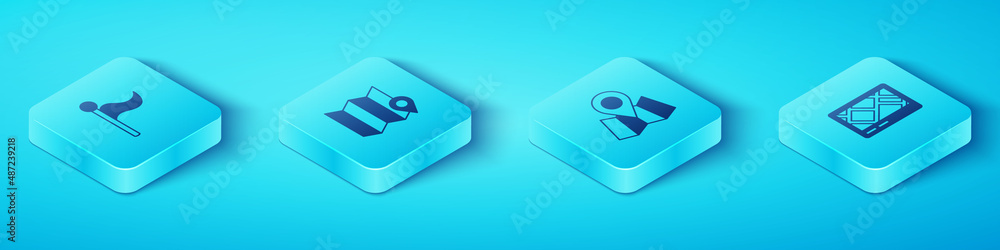 Poster Set Isometric Flag, Folded map with location marker, Gps device and icon. Vector