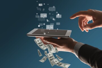 Content monetization, likes turn into dollars passing through the smartphone. The concept of...