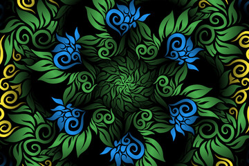 seamless colourful caleidoscope gradient flower art pattern of indonesian traditional tenun batik ethnic dayak ornament for wallpaper ads background sticker or clothing