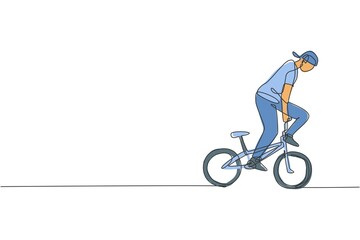 Naklejka premium One single line drawing of young bmx bicycle rider performing freestyle trick on street vector illustration. Extreme sport concept. Modern continuous line draw design for freestyle competition banner